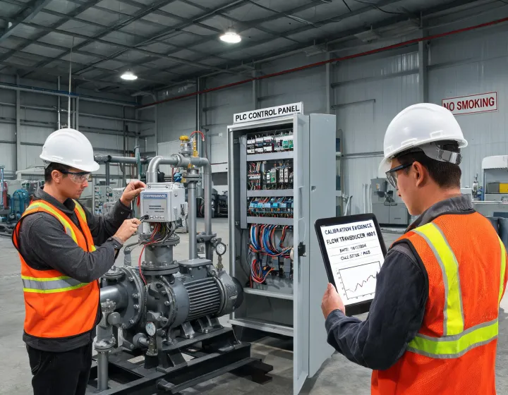 Engineer reviewing instrument evidence beside a control cabinet