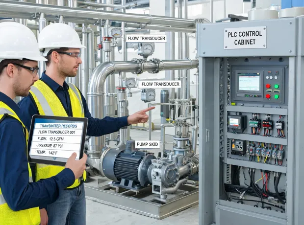 Industrial automation team reviewing transmitter records
