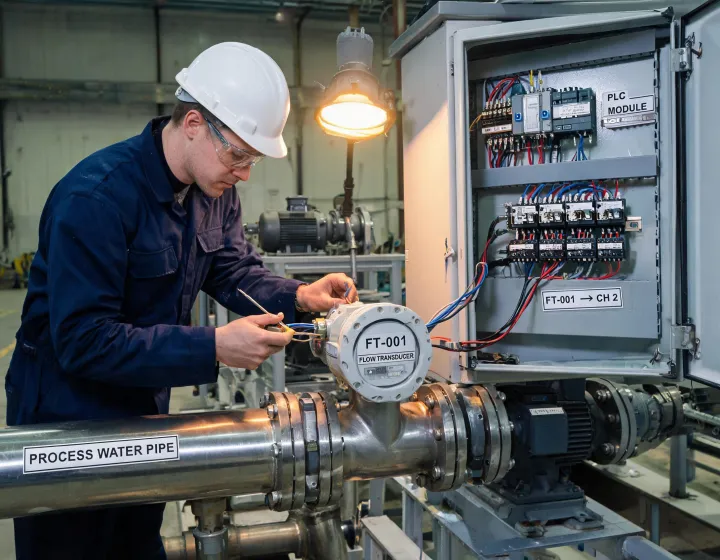 Automation engineer integrating flow transducers on a pump skid
