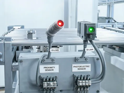 IO-Link sensor mounted near a conveyor target