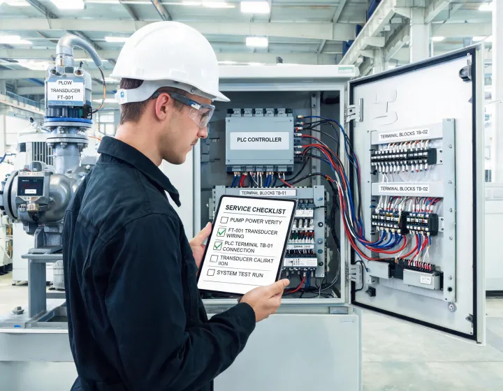 Automation engineer checking flow transducer wiring at a pump skid